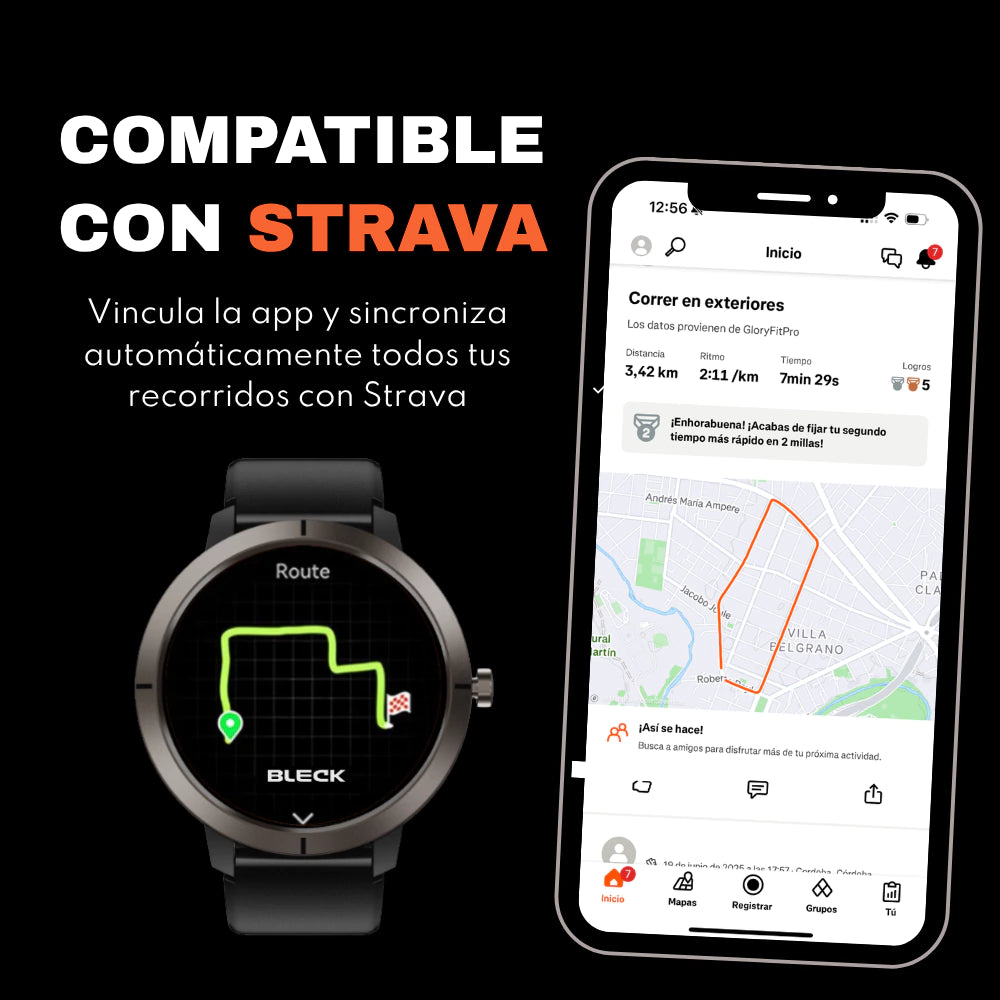Smartwatch DM76 compatible con Strava - sincroniza recorridos automáticamente al celular